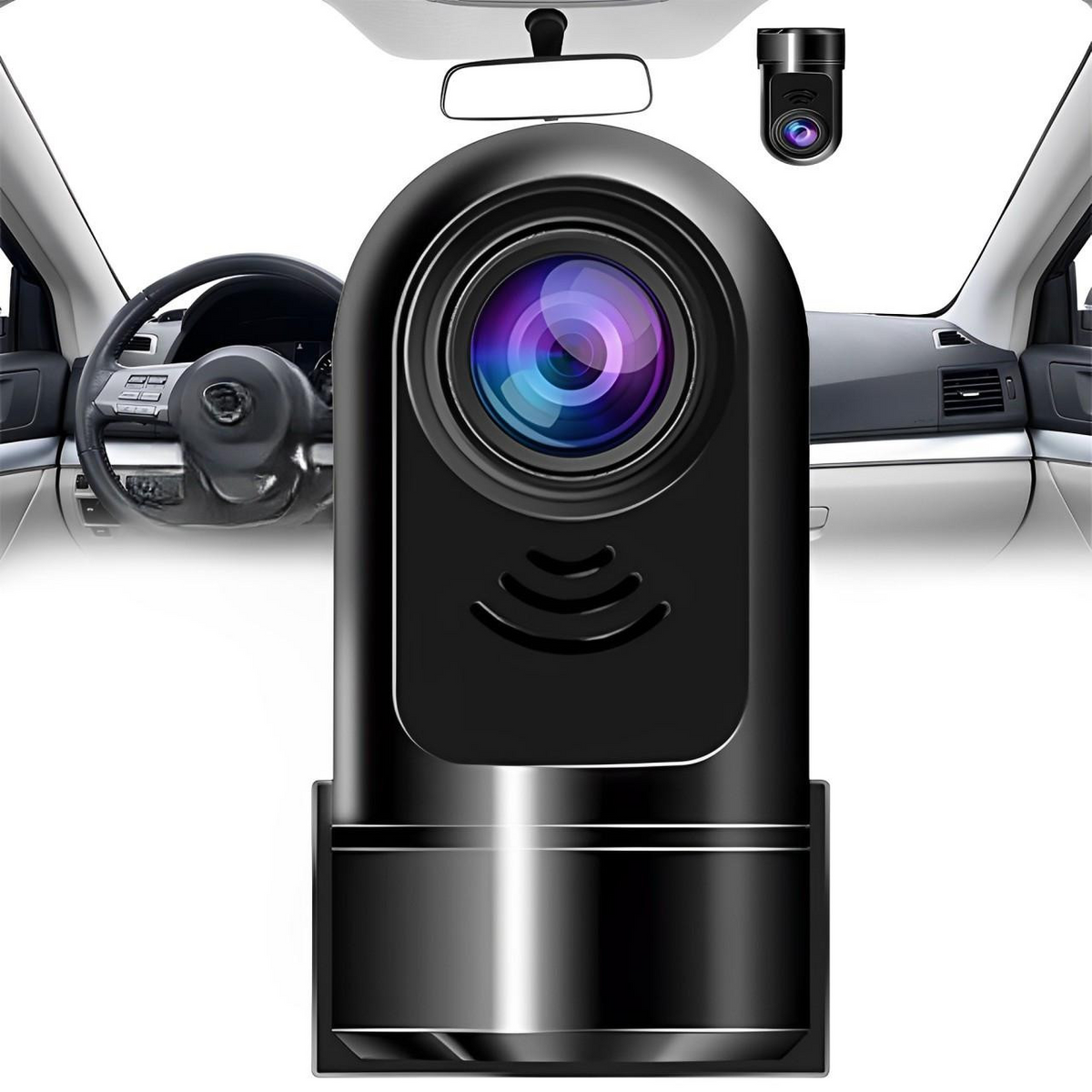 Compact AI dash cam mounted on car windshield