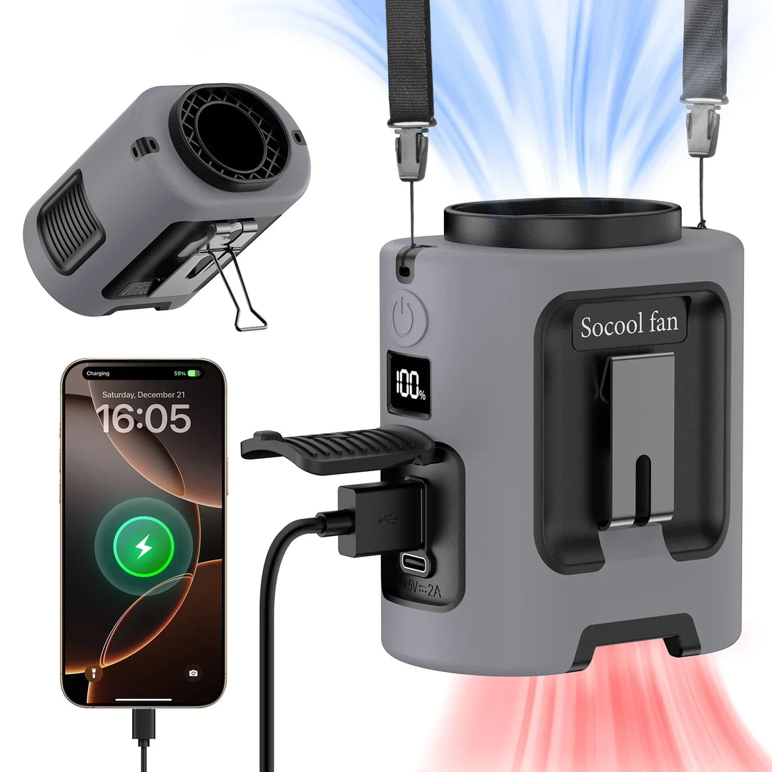 Portable waist fan with shoulder strap and phone charging